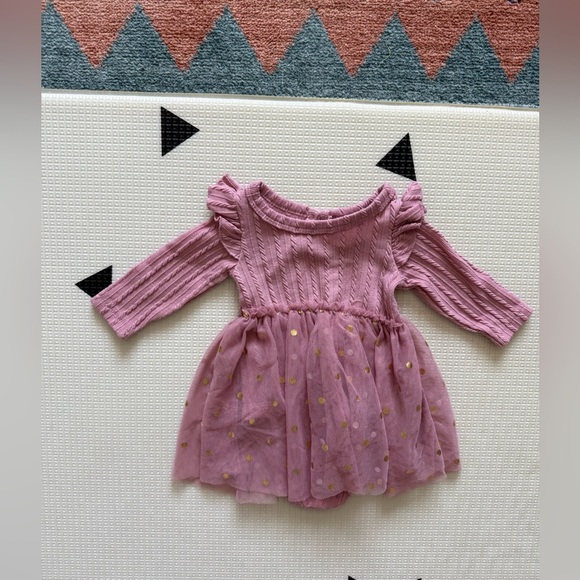 Just Lizzy|Baby girl mauve Pink Long Sleeve Dress w tulle Gold Polka Dots•0-3M - Picture 1 of 6
